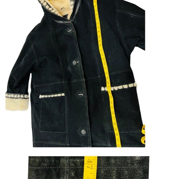 Vintage Sin by Morgan Cooper Black Suede Faux Fur Hooded Trench Coat Jacket L - Picture 16 of 16